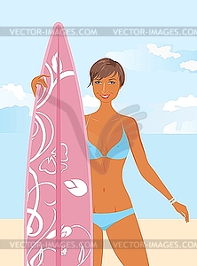 Girl with surfboard in her hand, - vector clipart