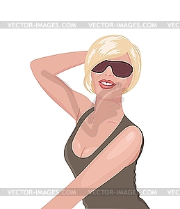 Портрет улыбающейся девушки в темных очках - векторизованное изображение