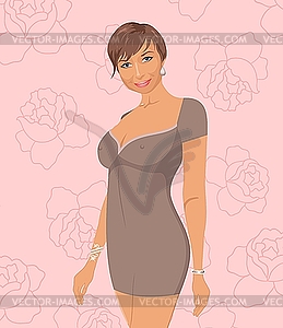 Pretty girl on rose background - vector clipart