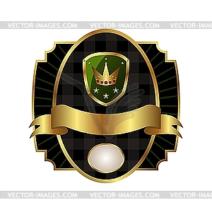 Royal label with golden frame, shield, crown - vector image