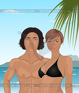 Young couple on the beach - vector clip art