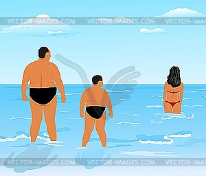 Two thick men (father and son) look at beauty girl - vector clip art