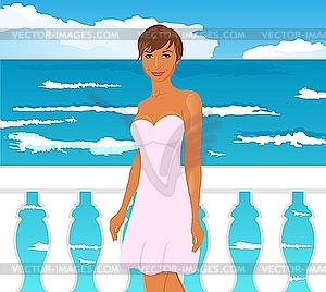 Girl on quay at the sea - vector clip art