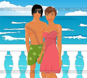 Young couple on quay at the sea - vector image