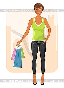 Girl with purchases goes around city - vector image