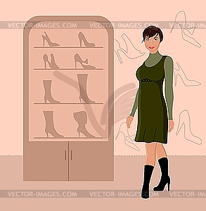 Fashion girl shopping in shoe shop - vector EPS clipart