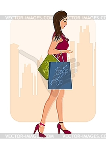 Girl with shopping bags, urban background - vector image