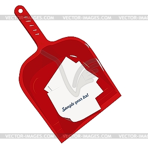 Red plastic scoop and sticker - vector image