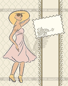 Vintage girl with card, sketch style - vector clipart