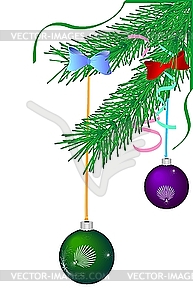 Green Christmas branch with balls - vector image