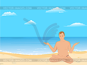 Yogas the man sits on beach and meditates - vector clip art