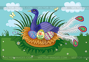 Птица в гнезде - векторный рисунок