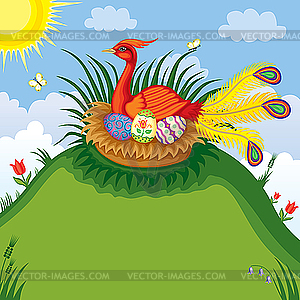 Red bird in the nest - vector clip art