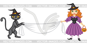 Колдунья и волшебный кот с баннером - клипарт в векторном формате