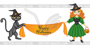 Witch and cat with banner - vector clipart / vector image