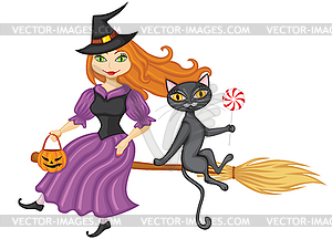 Witch and cat on broom - stock vector clipart