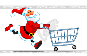 Santa runs with shopping cart - vector image