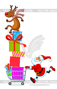 Santa with shopping cart full of gifts - vector clipart