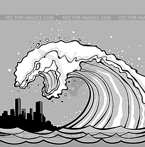 Tsunami monster over city - vector clip art