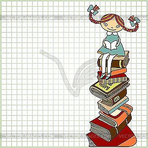 Schoolgirl sitting on the heap of books - vector clipart