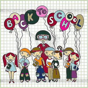 Group of schoolchildren and their teacher - vector clip art