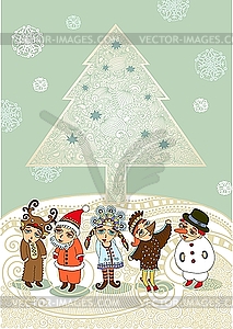 Christmas tree and children in fancy dress - vector clip art