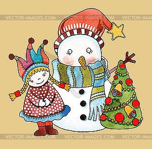 Снеговик с девушкой и новогодней елкой - клипарт в векторном формате