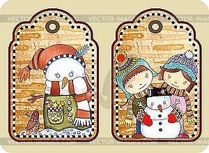 Christmas tags with happy snowman  - vector image