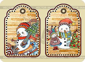 Christmas tags with happy snowmen  - vector clipart