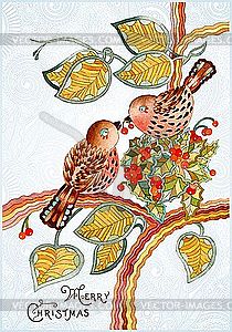 Изысканная рождественская открытка с птицами - цветной векторный клипарт
