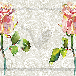 Ornate floral pattern with pink watercolor rose  - vector image