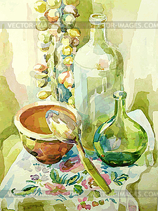Handmade watercolor kitchen still life - vector image