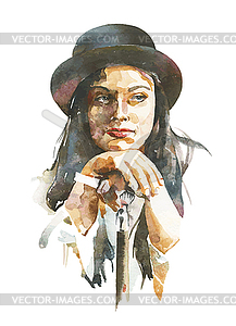 Акварельный портрет женщины в шляпе - изображение в векторе