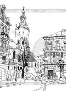 Эскиз Львов историческое здание - векторное изображение EPS