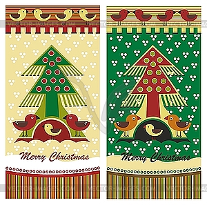 Christmas cards with fir tree and birds - vector image