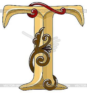Ornamental medieval initial letter T - color vector clipart