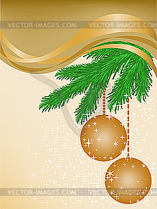Бежевая открытка с еловыми ветками и шарами - векторный графический клипарт