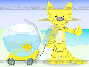 Cat with goldfish - vector image
