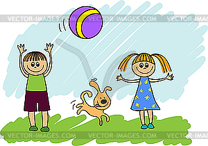 Дети играют с мячом - векторное изображение