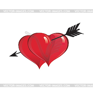Black arrow penetrating two red heart - vector clip art