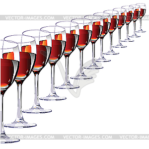 Thirteen glasses with red wine. - vector image