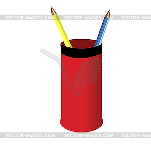 Dark blue and yellow pencils in red glass. - vector clipart