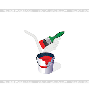 Bucket with paint and green brush. - vector clipart