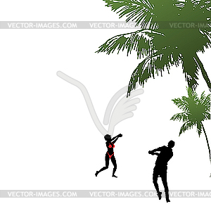 The man and the woman playing nearby palm. - vector clipart