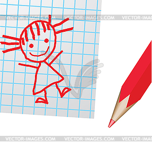 Drawing on paper and red pencill. - vector clip art