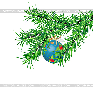 Blue New Year`s ball and fur-tree branch - vector clipart