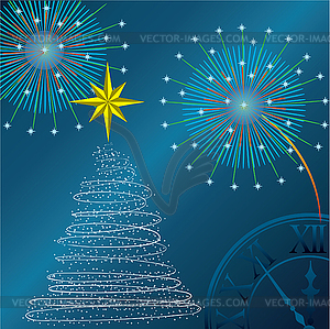 New Year tree, salute and hours. - vector image