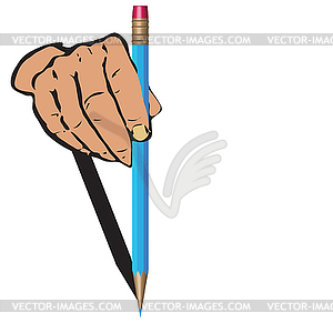 Man`s hand and dark blue pencil. - vector image