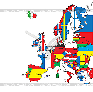 Карта Европы в расцветке  флагов - изображение в векторном формате