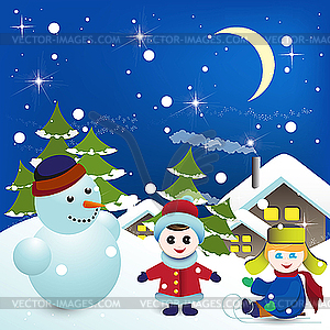 Snowman and kids - vector image